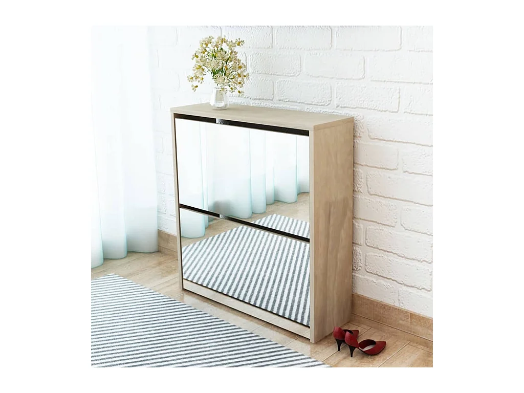 Meuble à chaussures 2 étages avec miroir 63x17x67 cm Chêne