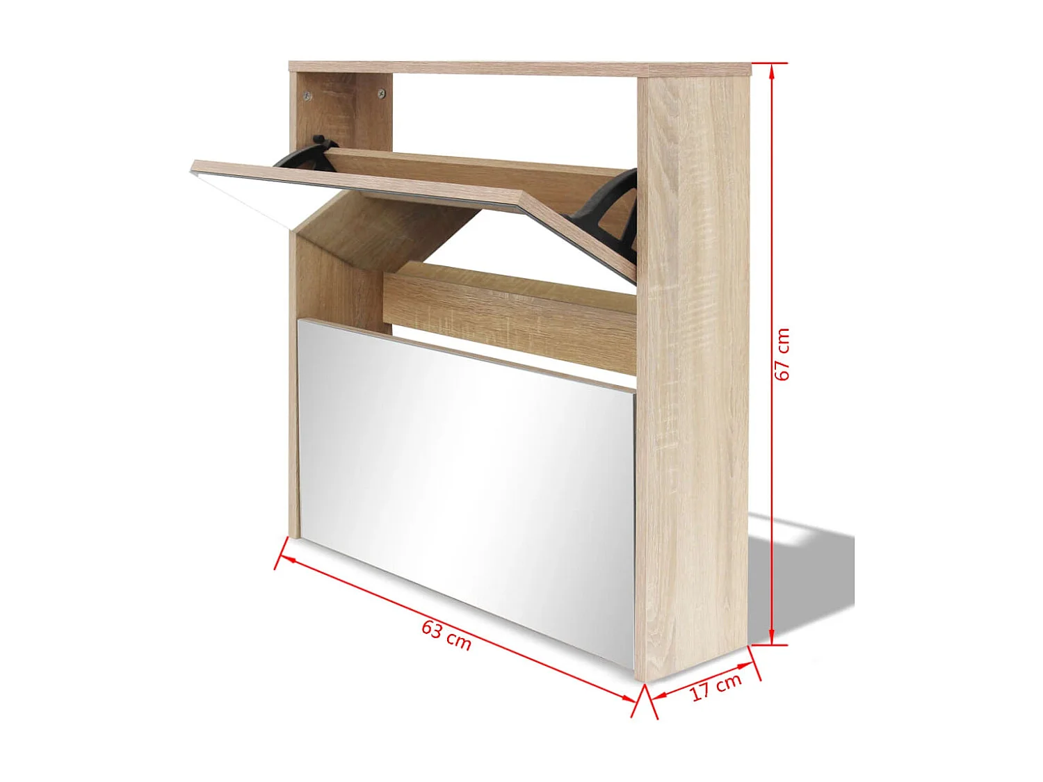 Zapatero de 2 niveles con espejo 63x17x67 cm Roble