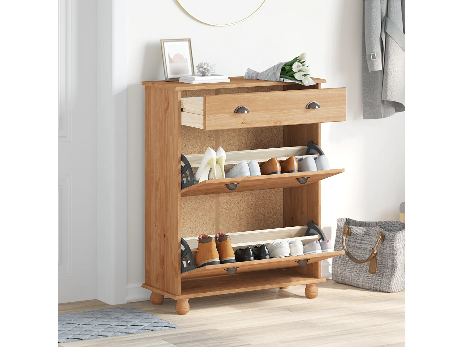 Meuble à chaussures  85x35x108 cm en bois massif de pin