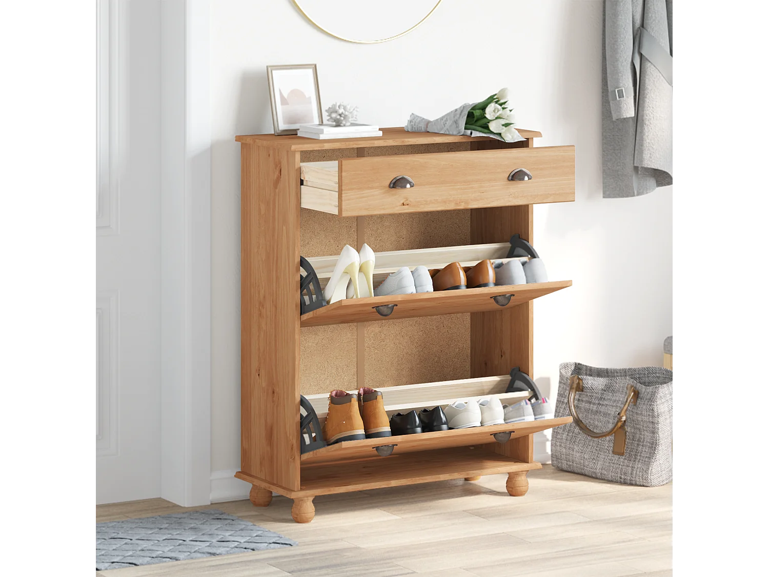 Meuble à chaussures  85x35x108 cm en bois massif de pin