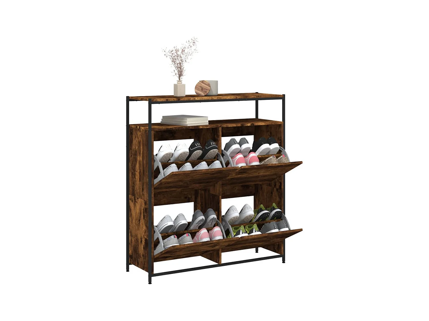 Scarpiera con 4 cassetti pieghevoli, rovere affumicato