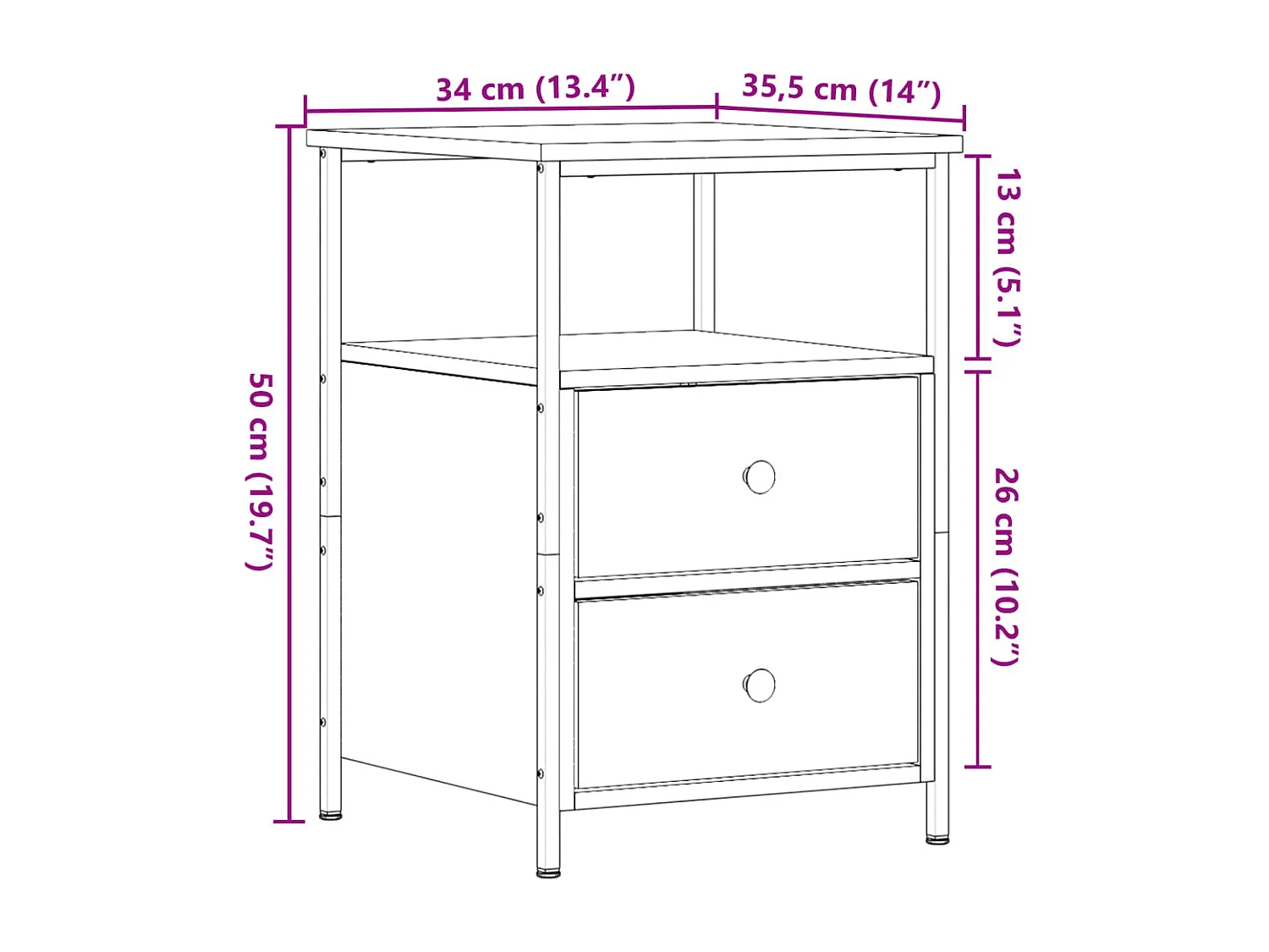 Table de chevet chêne artisanal 34x35,5x50 cm bois d'ingénierie