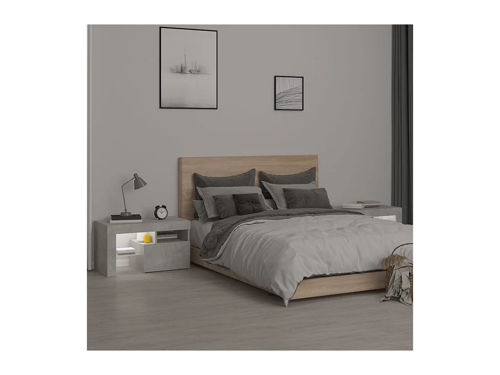 Tables de chevet 2 pcs et lumières LED Gris béton 70x36,5x40 cm