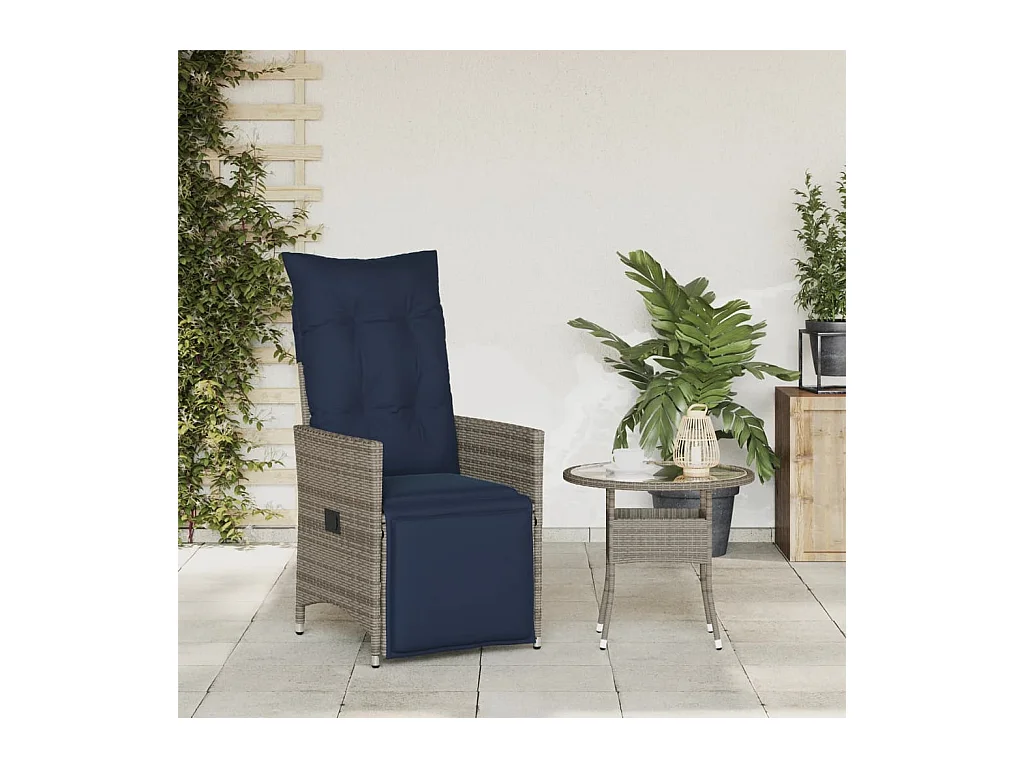 Silla de jardín reclinable con cojines de mimbre gris