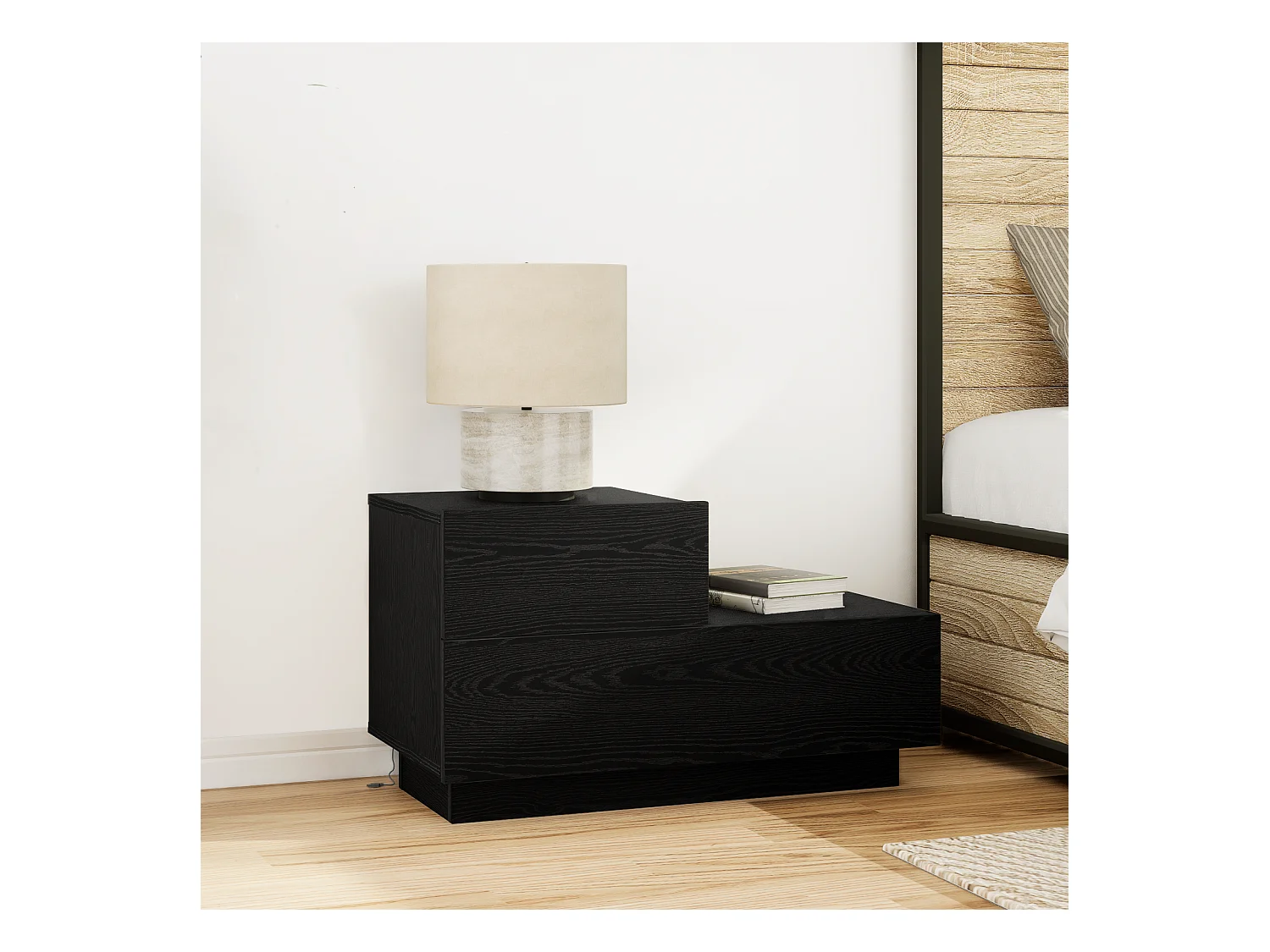 Comodino con luci LED Rovere nero 70x36x40,5 cm