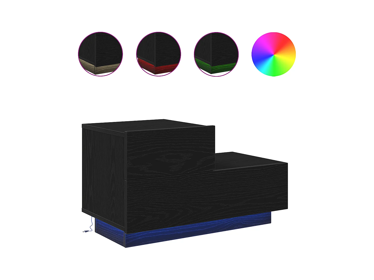 Comodino con luci LED Rovere nero 70x36x40,5 cm