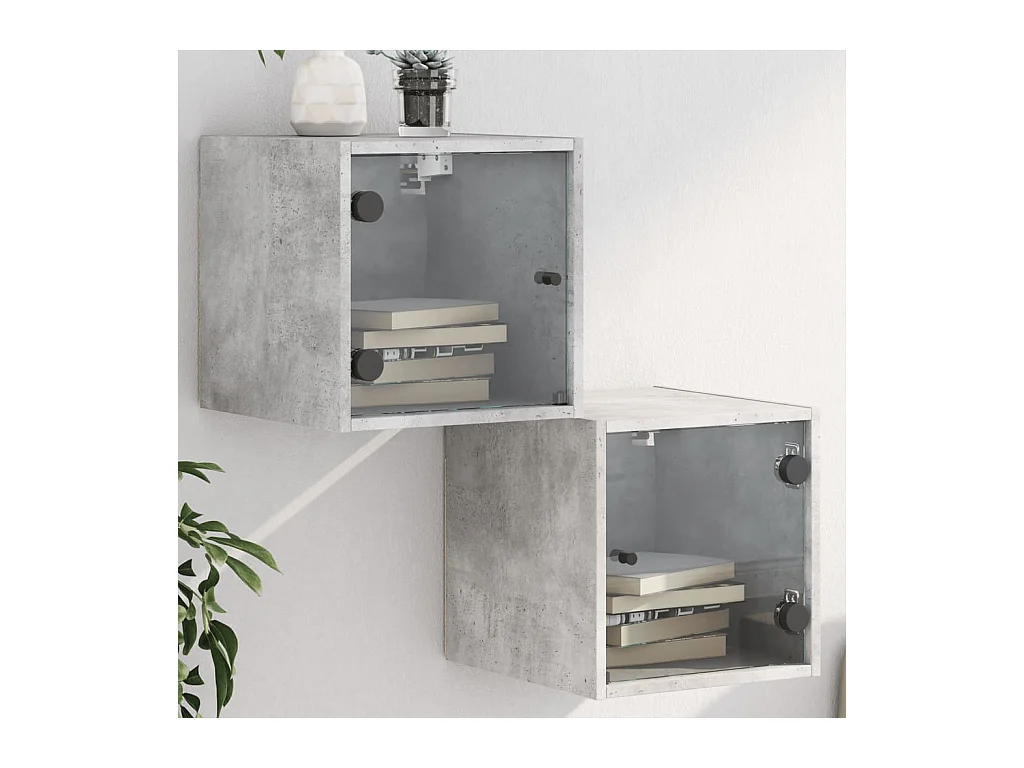 Tables de chevet et portes vitrées 2 pcs gris béton 35x37x35 cm