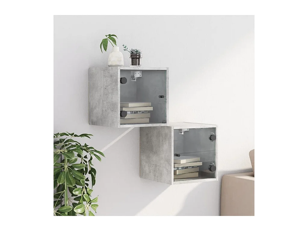 Tables de chevet et portes vitrées 2 pcs gris béton 35x37x35 cm