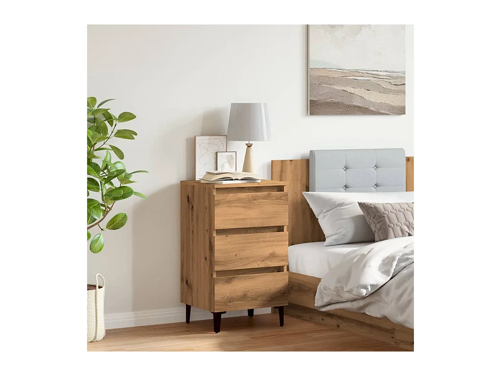 Table de chevet avec pieds en métal chêne artisanal 40x35x69 cm