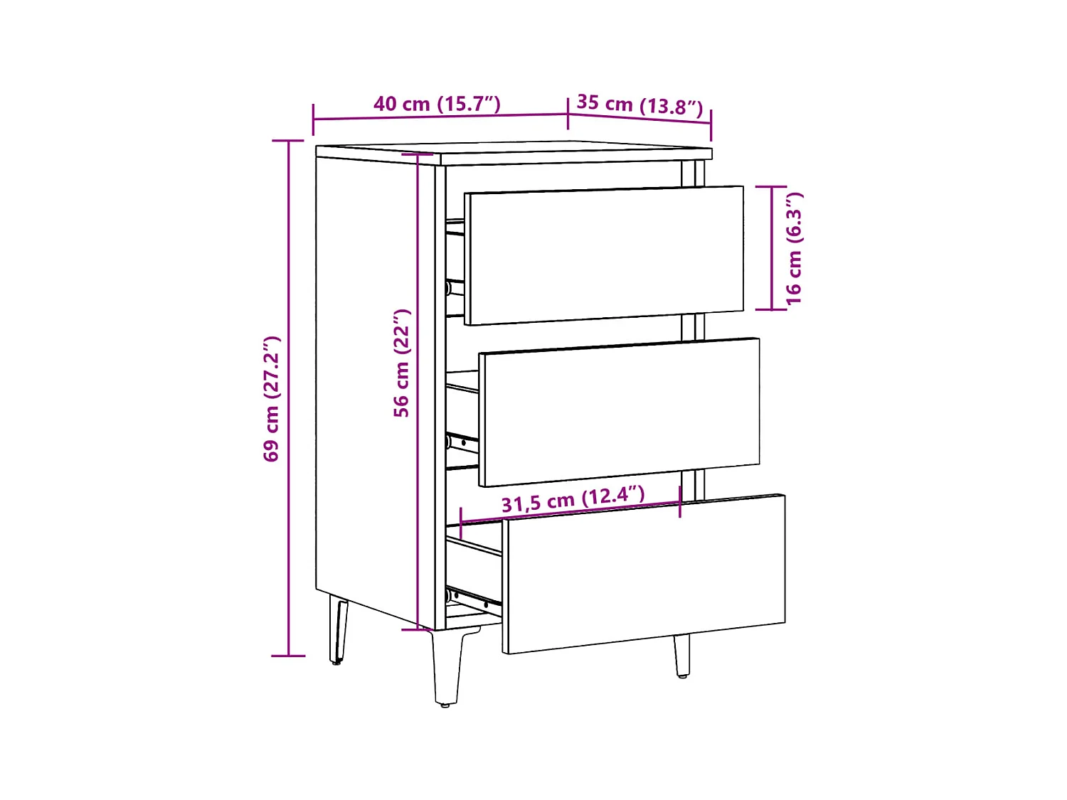 Table de chevet avec pieds en métal chêne artisanal 40x35x69 cm