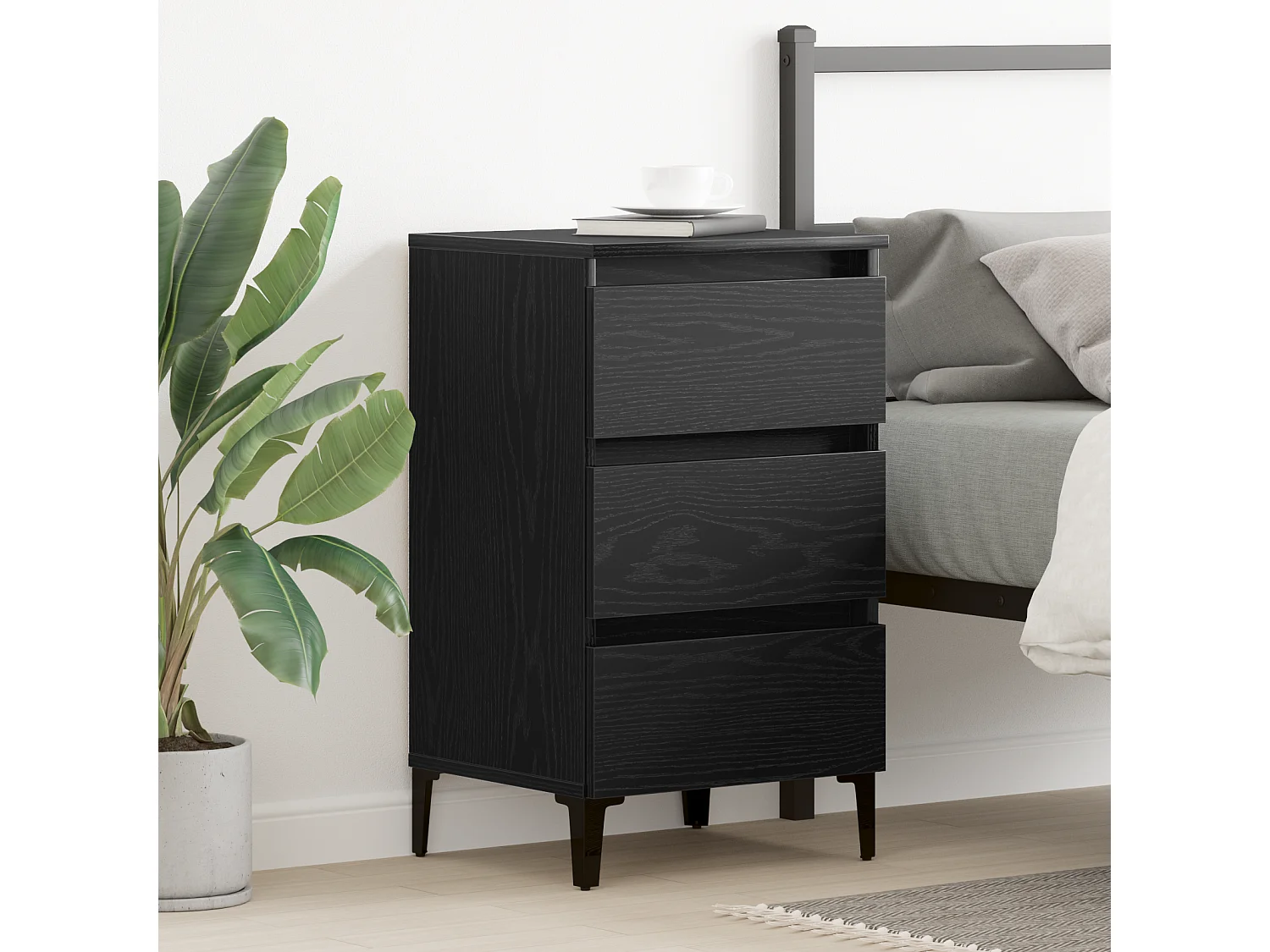 Table de chevet avec pieds en métal Noir Chêne 40x35x69 cm