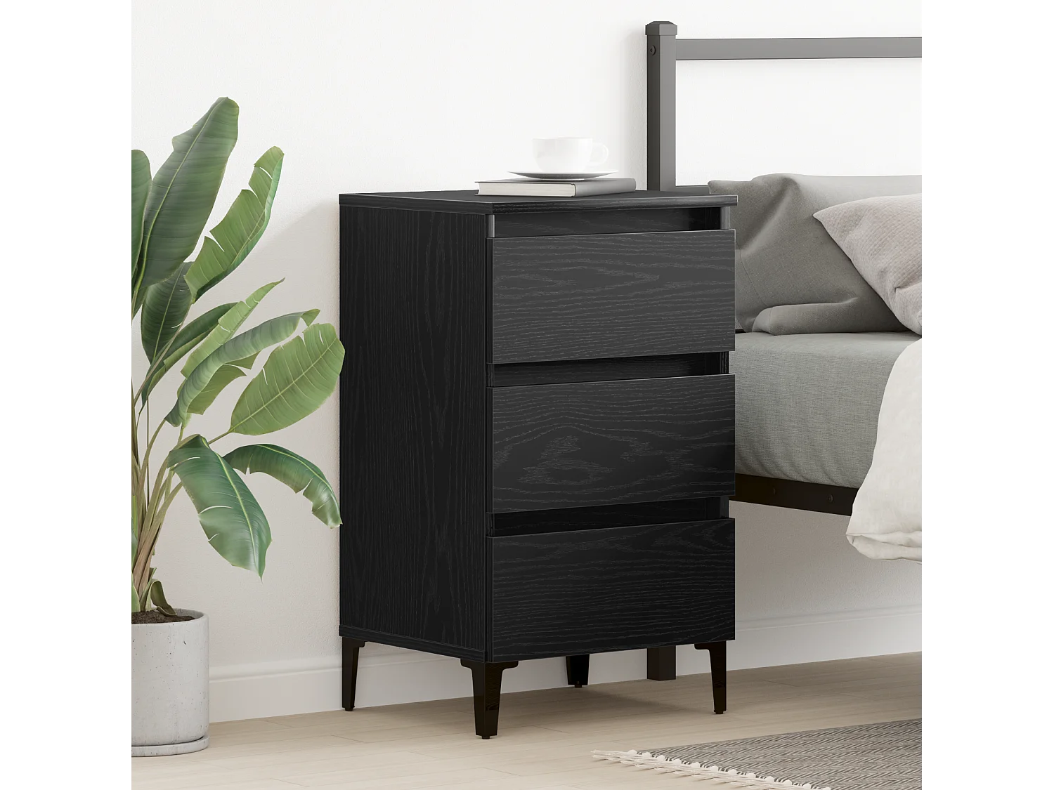 Table de chevet avec pieds en métal Noir Chêne 40x35x69 cm