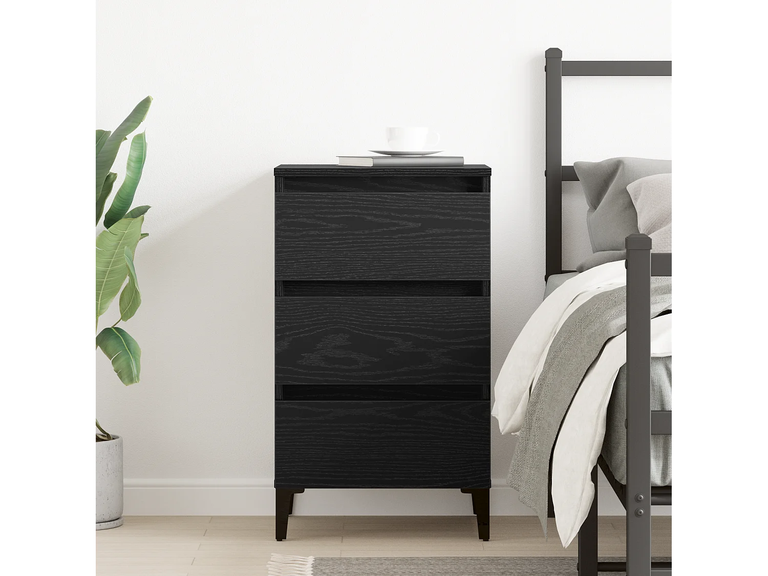 Table de chevet avec pieds en métal Noir Chêne 40x35x69 cm