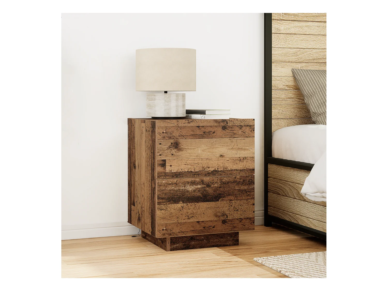 Table de chevet avec lumières LED en vieux bois 45x40x55 cm