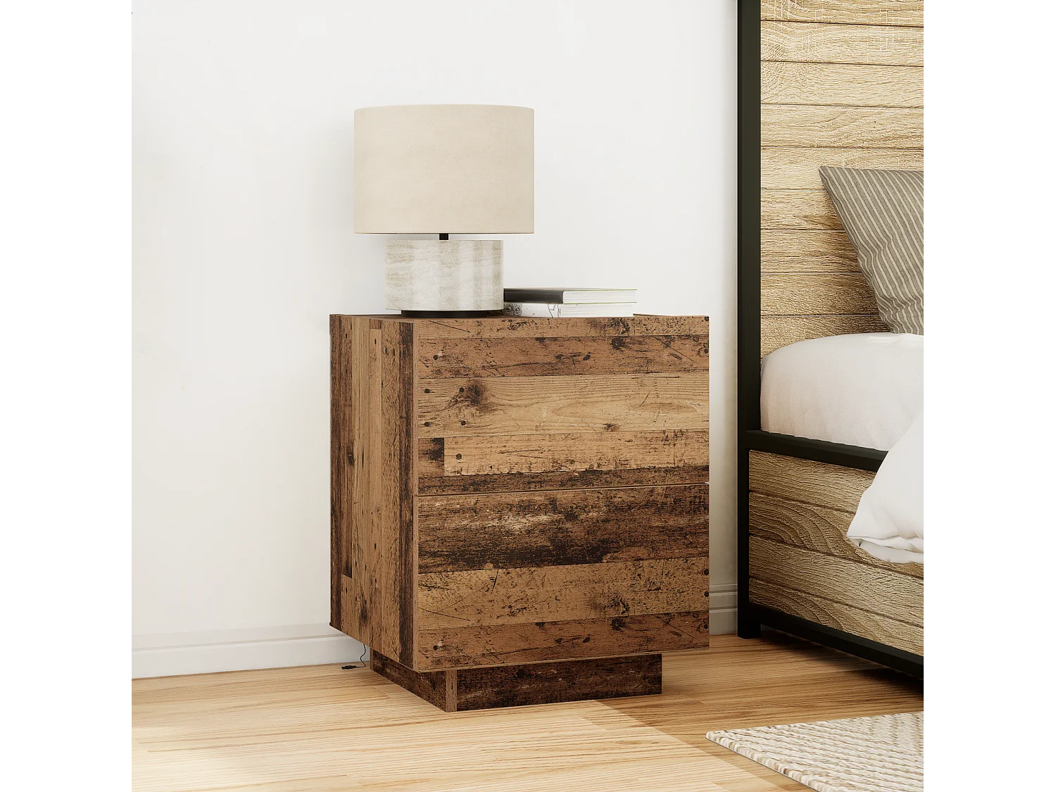 Table de chevet avec lumières LED en vieux bois 45x40x55 cm