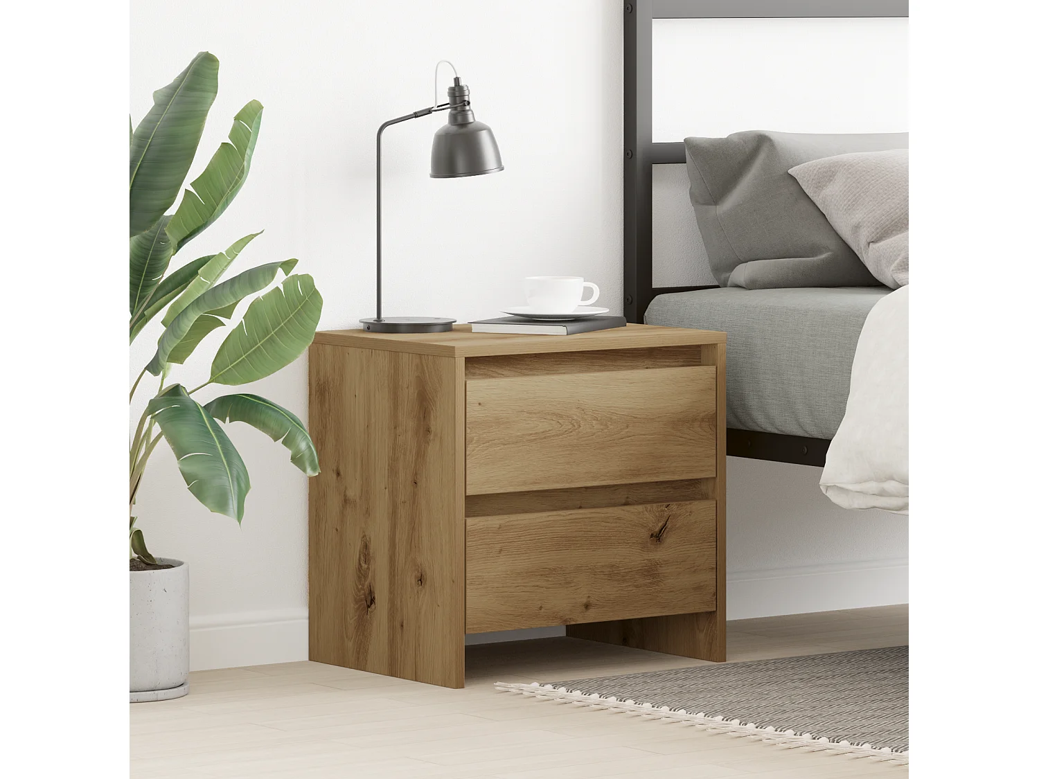 Table de chevet en chêne artisan 45x34x44,5 cm en bois d'ingénierie