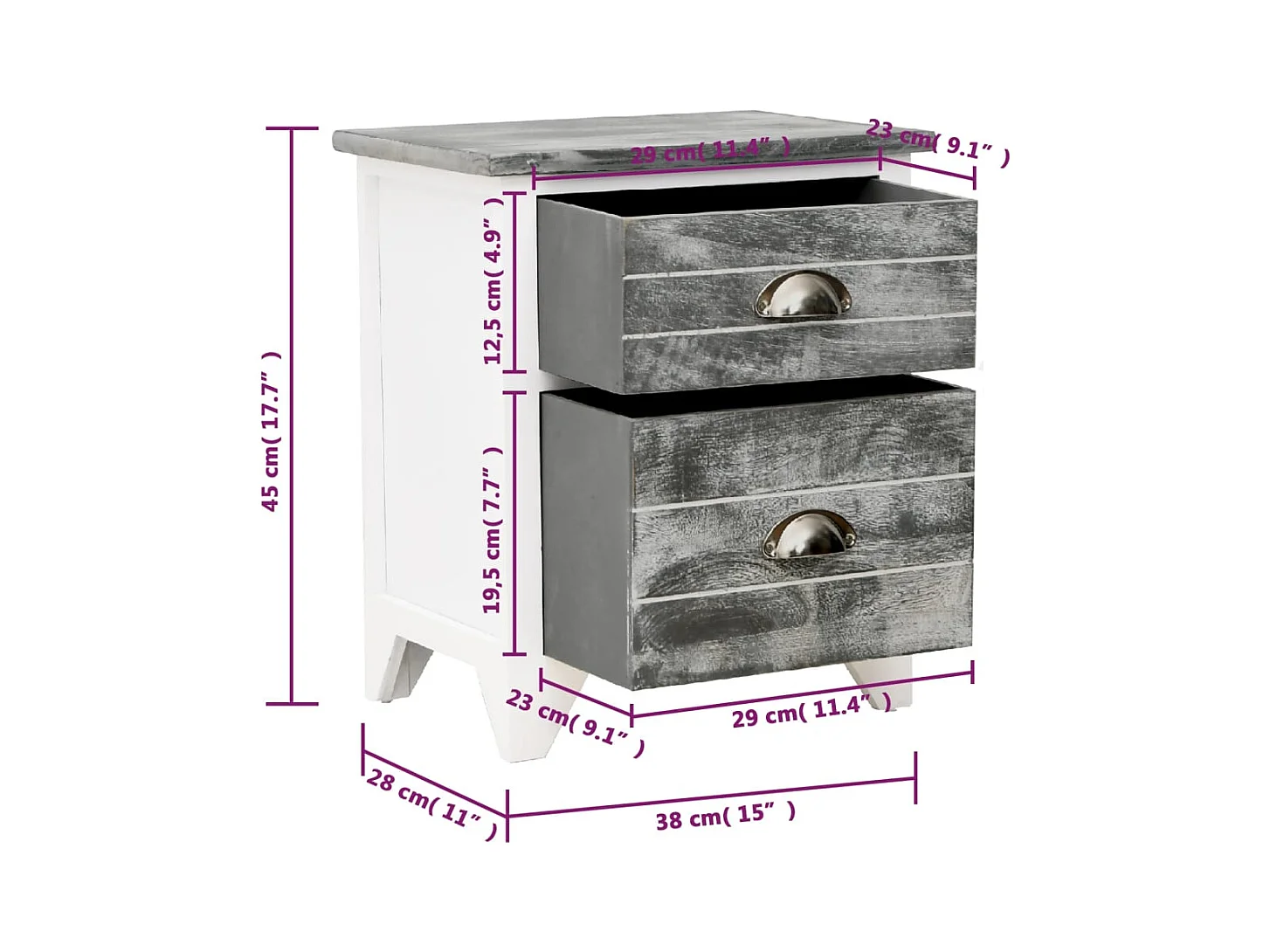 Nachtkastje 2-delig met 2 lades, grijs en wit