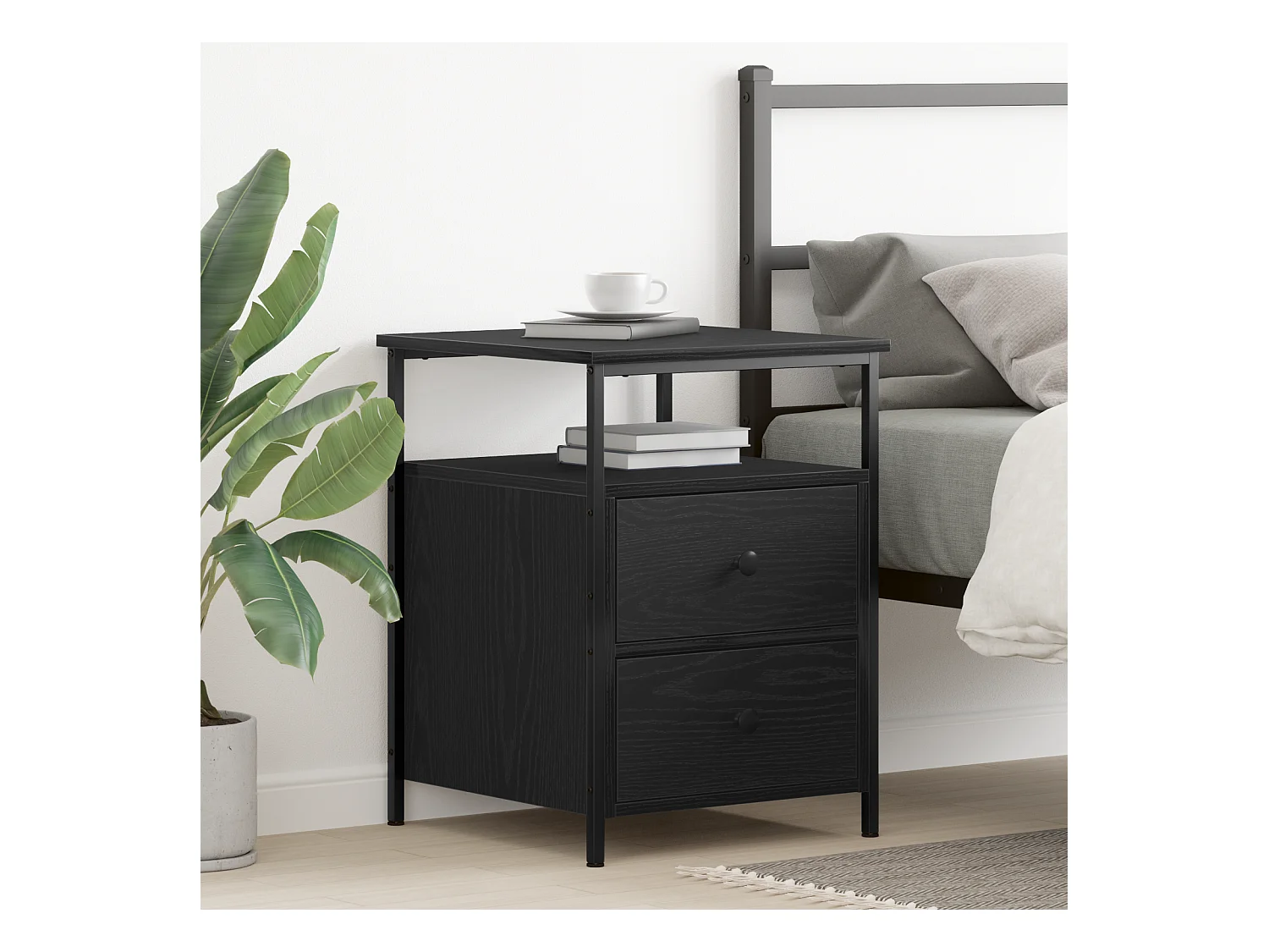 Comodino in rovere nero 44x45x60 cm in legno ingegnerizzato e acciaio