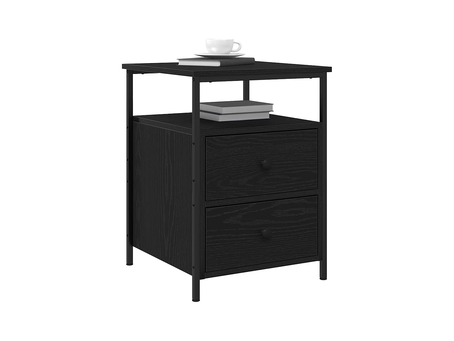 Comodino in rovere nero 44x45x60 cm in legno ingegnerizzato e acciaio