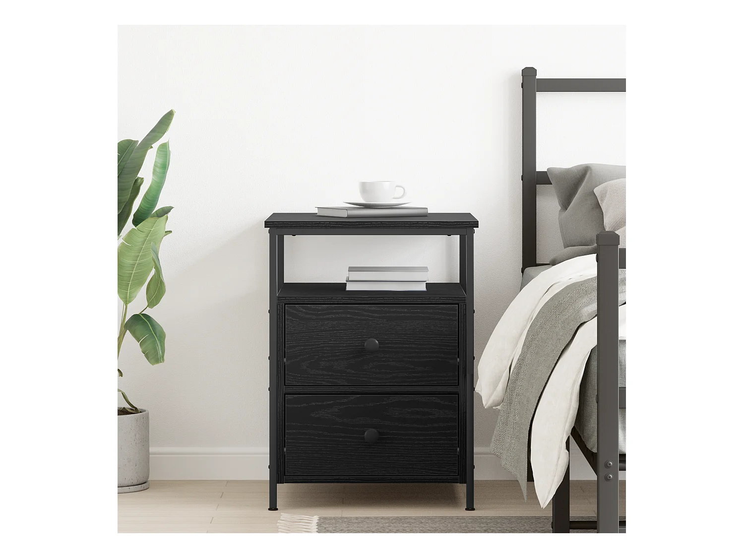 Comodino in rovere nero 44x45x60 cm in legno ingegnerizzato e acciaio