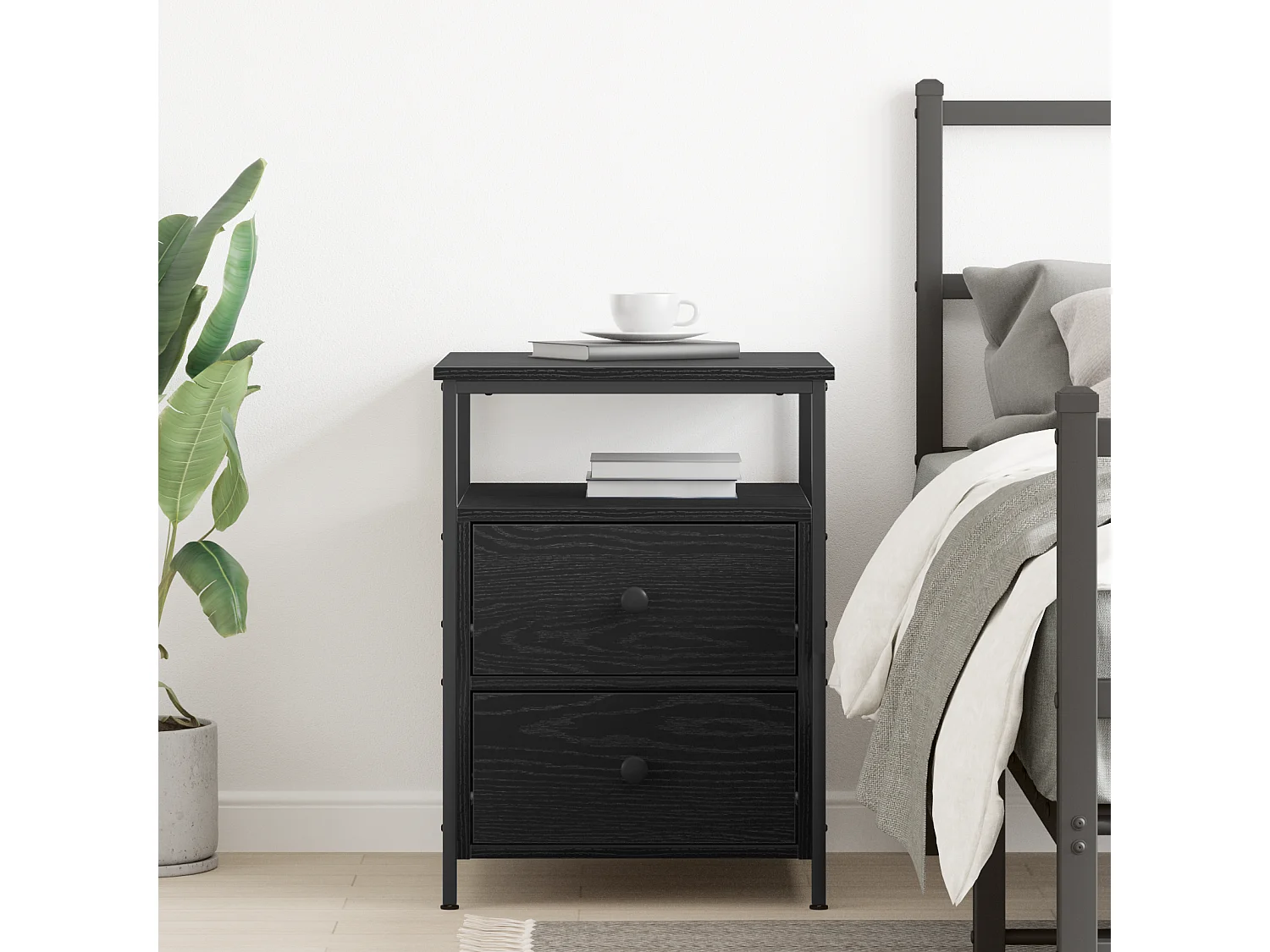 Table de chevet Noir Chêne 44x45x60 cm Bois d'ingénierie et Acier