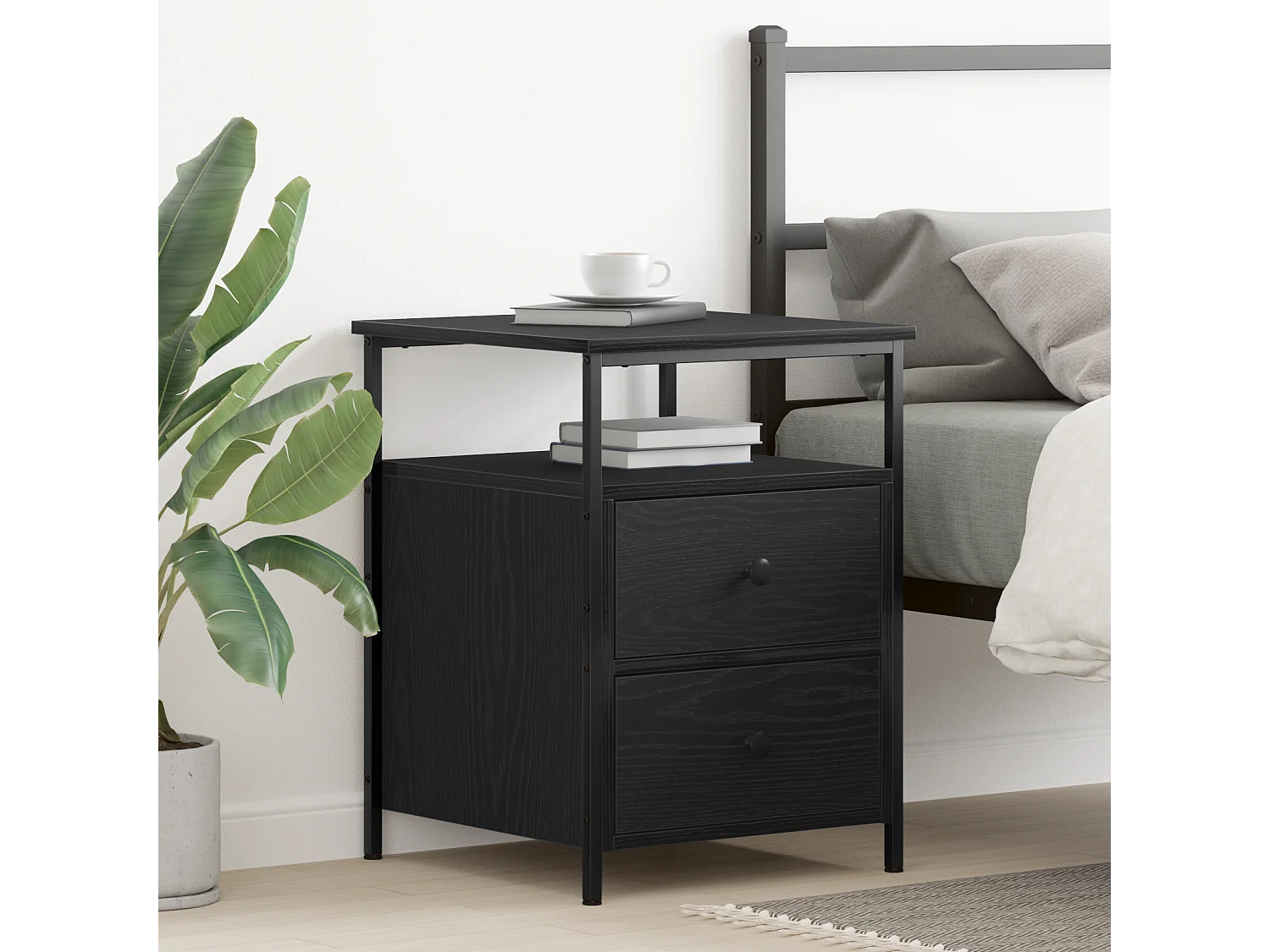 Nachtkastje van zwart eikenhout 44x45x60 cm, bewerkt hout en staal