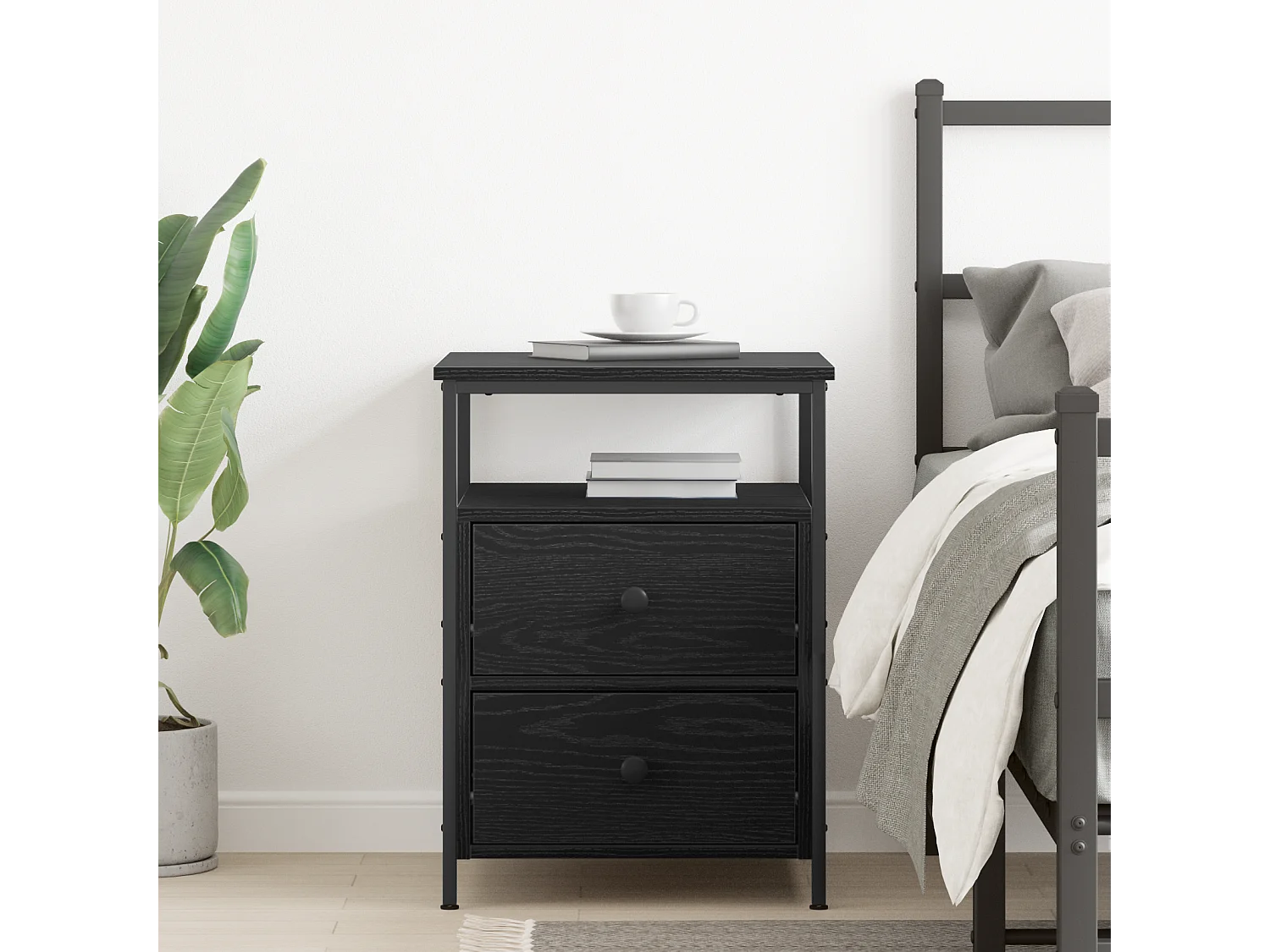 Nachtkastje van zwart eikenhout 44x45x60 cm, bewerkt hout en staal