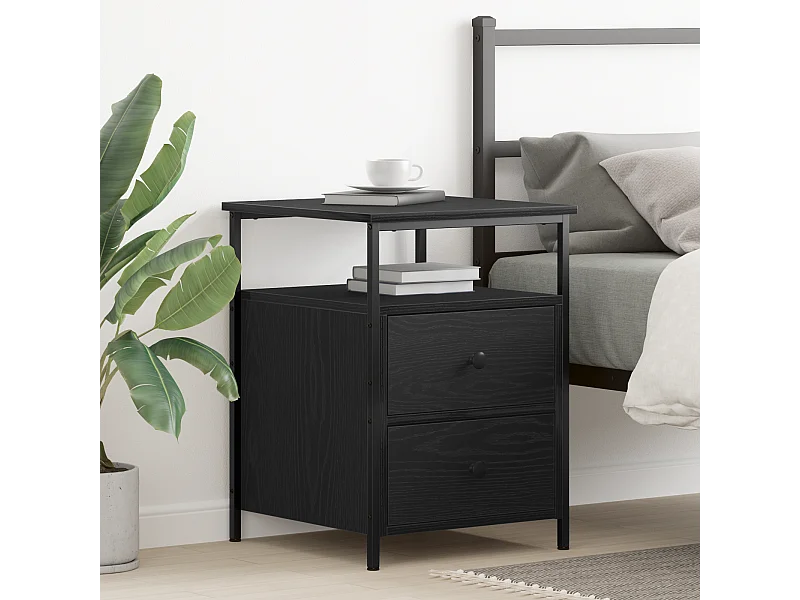 Nachtkastje van zwart eikenhout 44x45x60 cm, bewerkt hout en staal