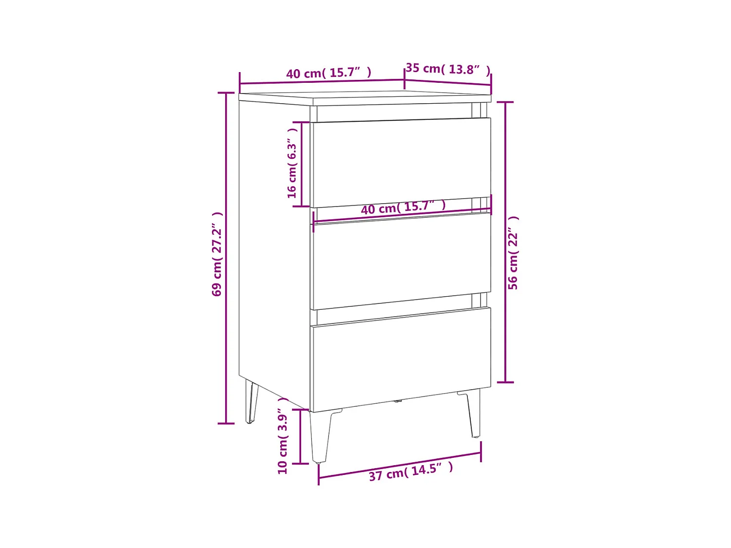 Table de chevet avec pieds en métal Sonoma gris 40x35x69 cm