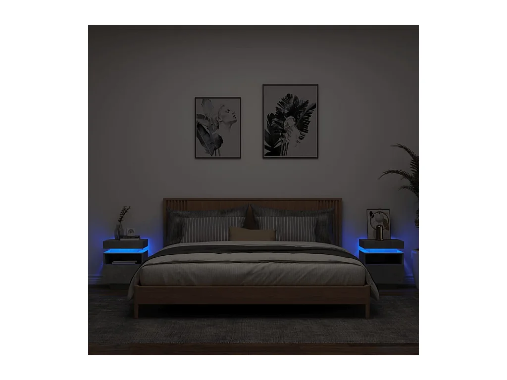 Armoires de chevet avec lumières LED 2 pcs gris béton