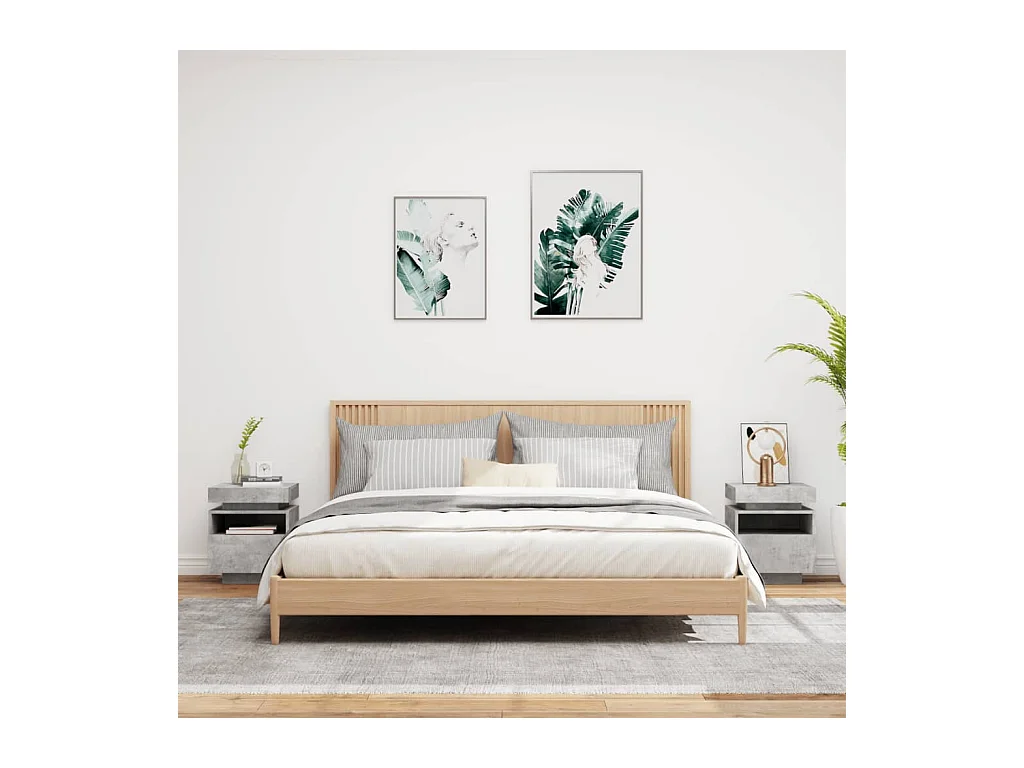 Armoires de chevet avec lumières LED 2 pcs gris béton