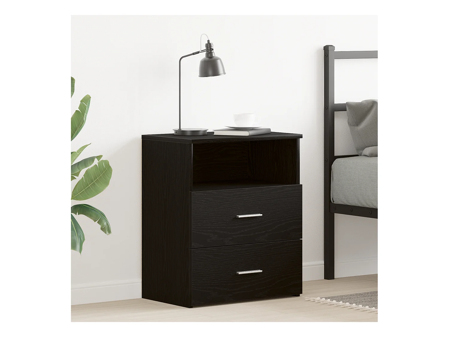 table de nuit noir chêne 50x32x60cm en bois d'ingénierie