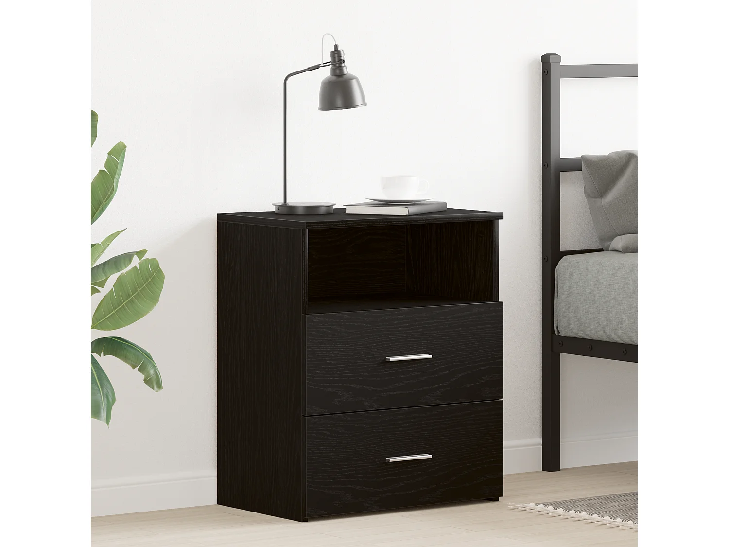 table de nuit noir chêne 50x32x60cm en bois d'ingénierie