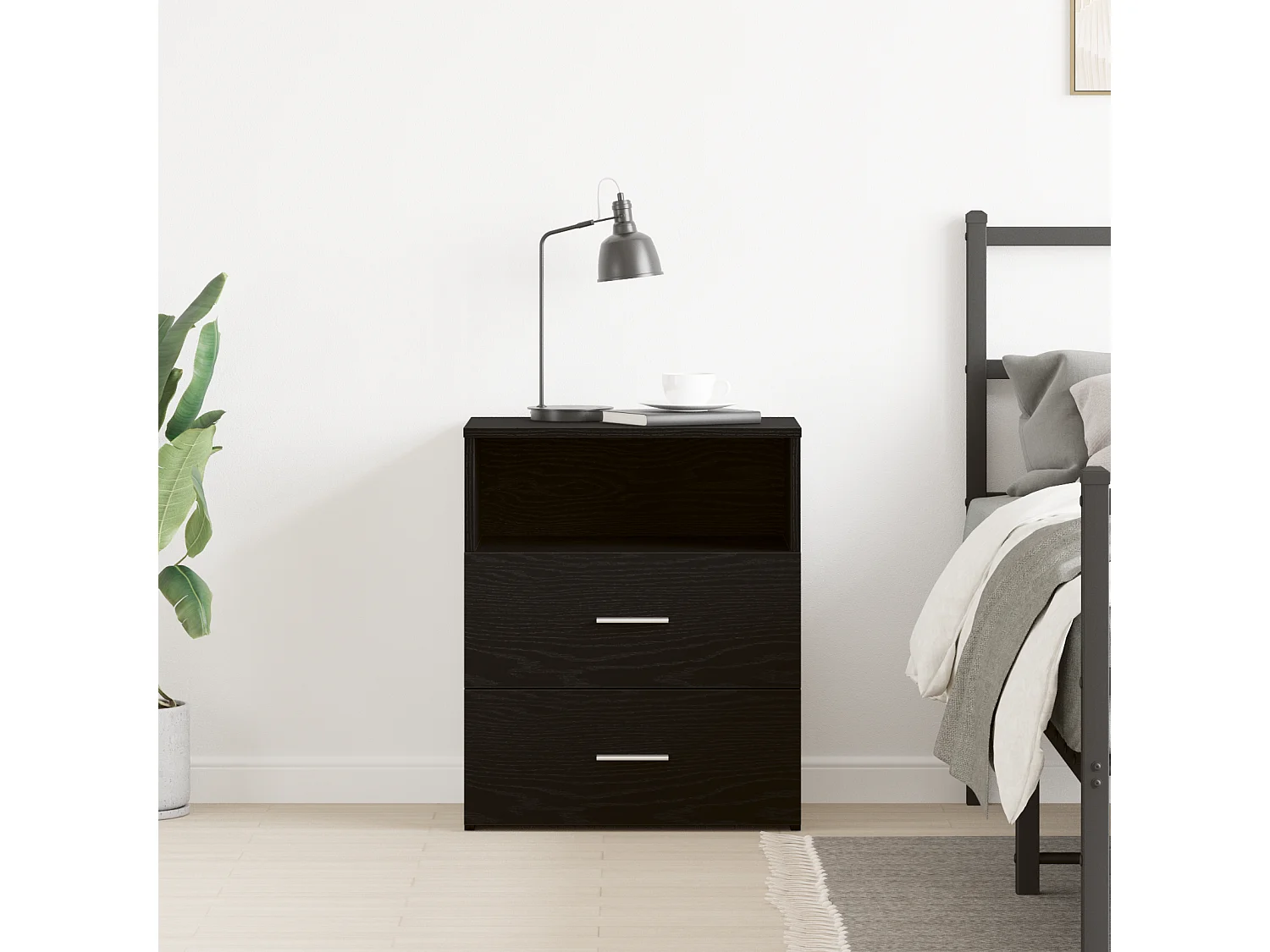table de nuit noir chêne 50x32x60cm en bois d'ingénierie