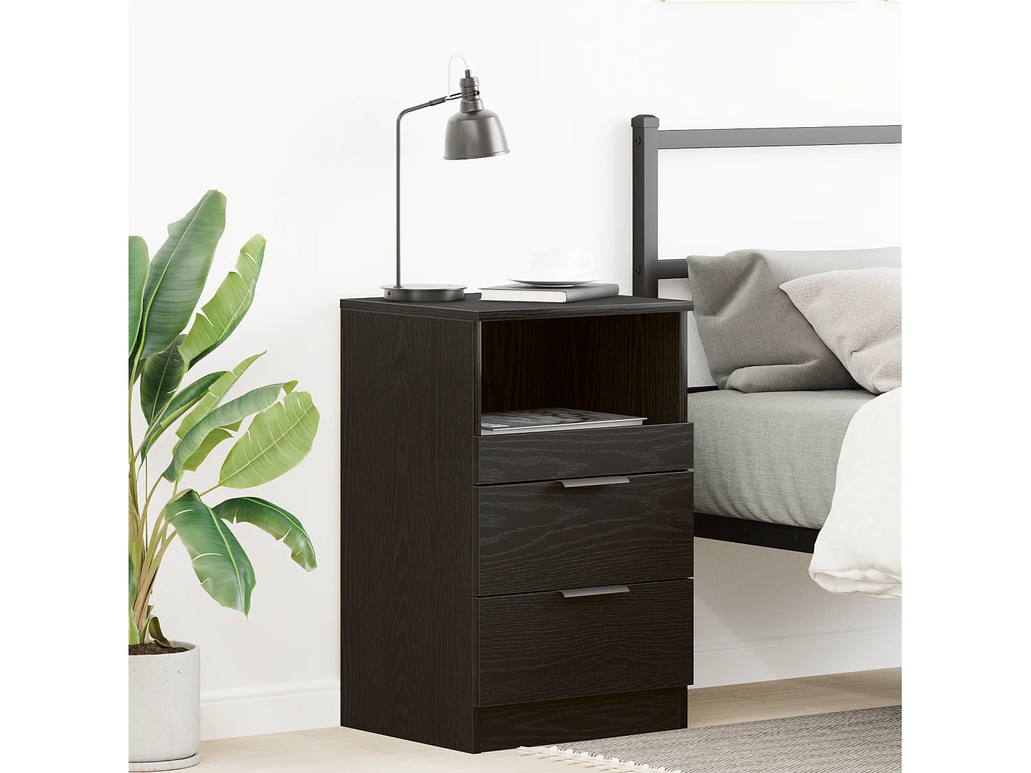 Table de chevet Noir Chêne 40x35x65 cm en bois d'ingénierie