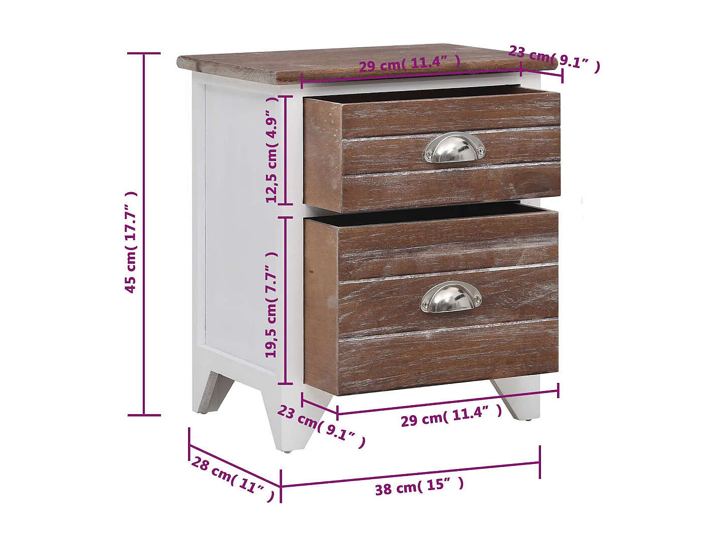 Comodino 2 pezzi con 2 cassetti Marrone e bianco