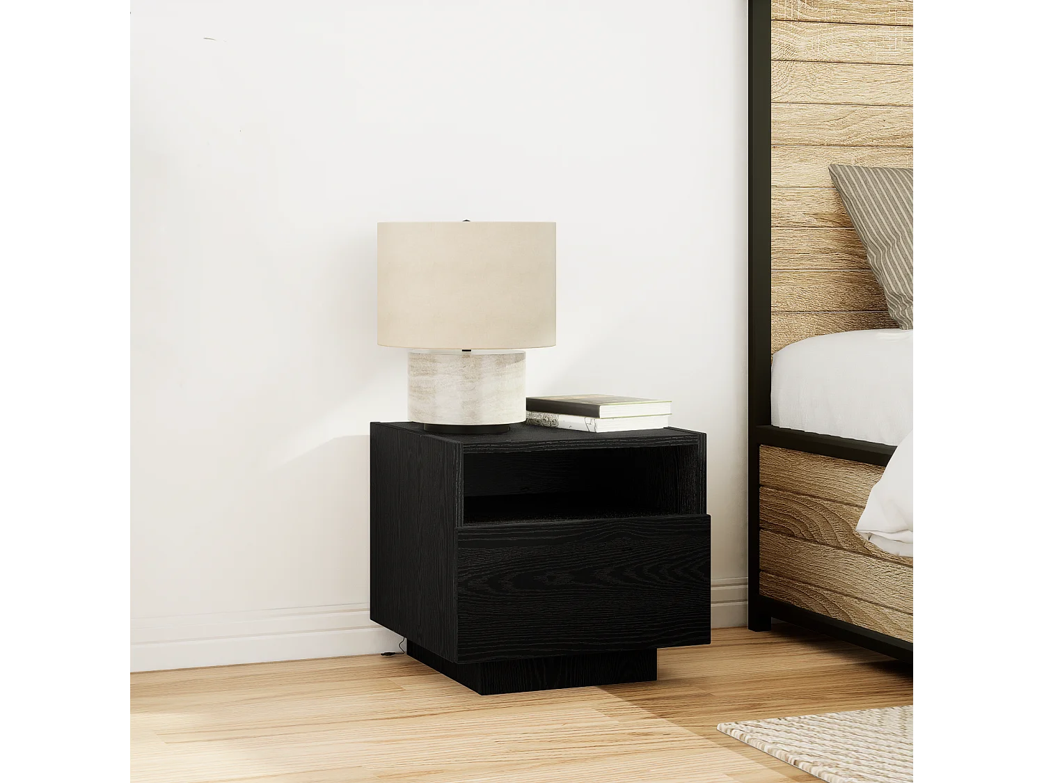 Mesita de noche con luces LED en roble negro 40x39x37 cm