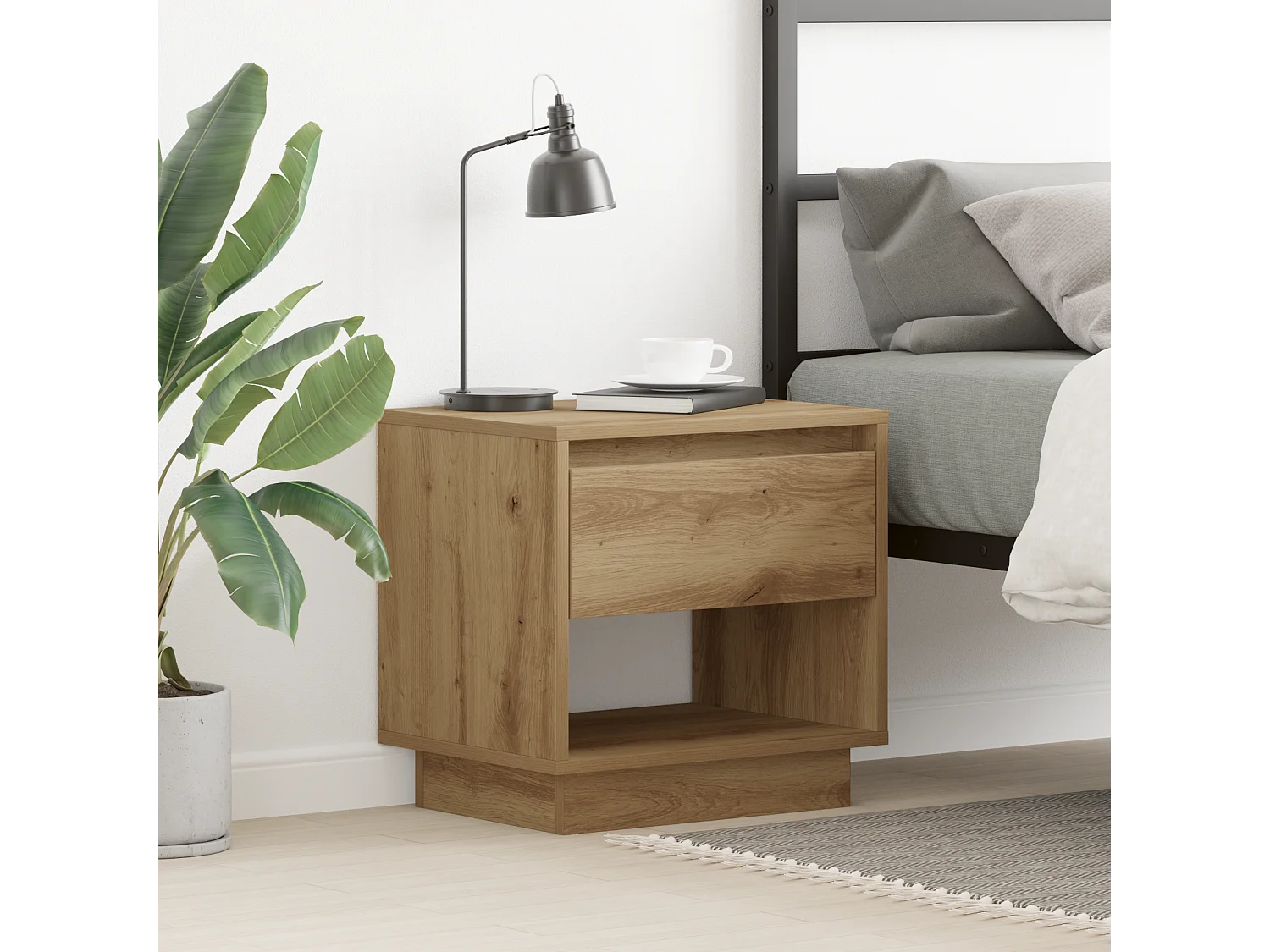 Table de chevet en chêne artisanal 45x34x46 cm en bois d'ingénierie