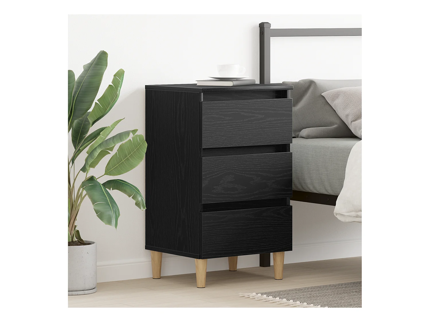 Comodino con gambe in legno di rovere nero 40x35x69 cm