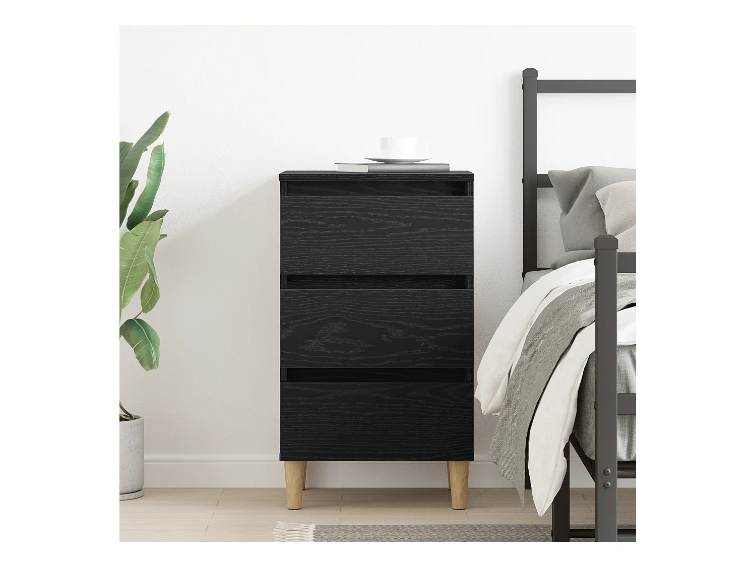 Comodino con gambe in legno di rovere nero 40x35x69 cm