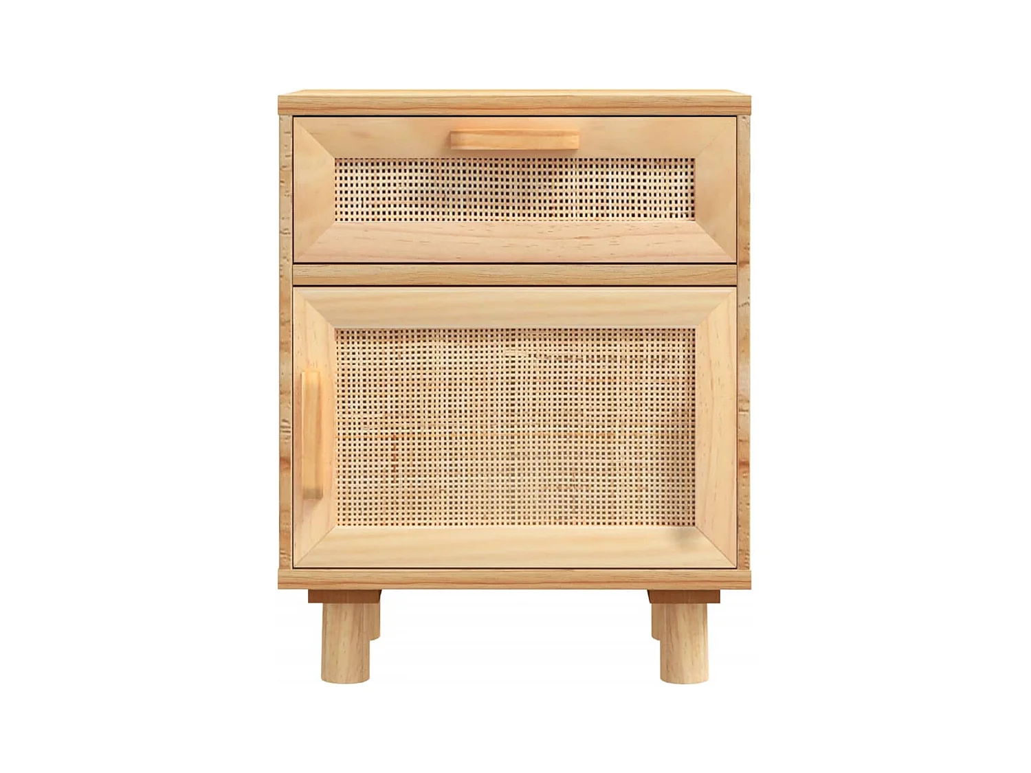 Comodino marrone in legno massello di pino e rattan naturale