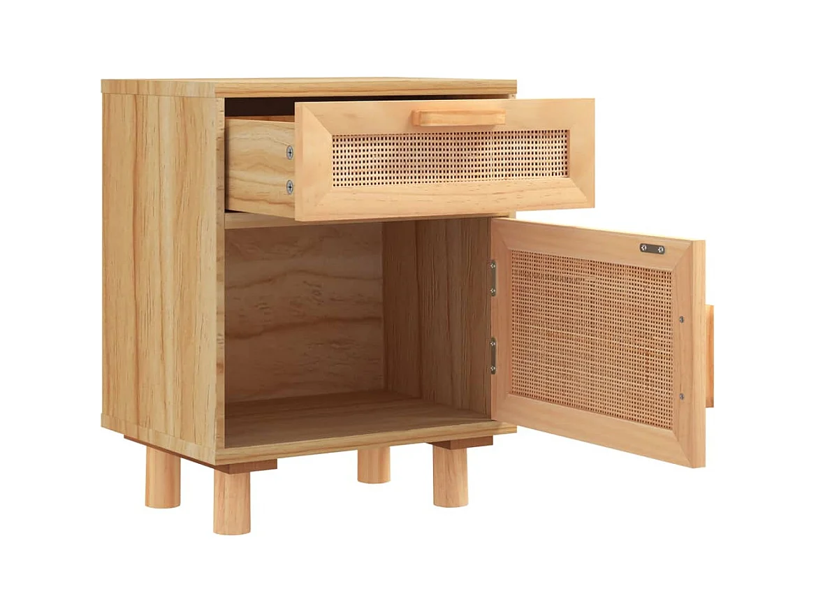 Comodino marrone in legno massello di pino e rattan naturale