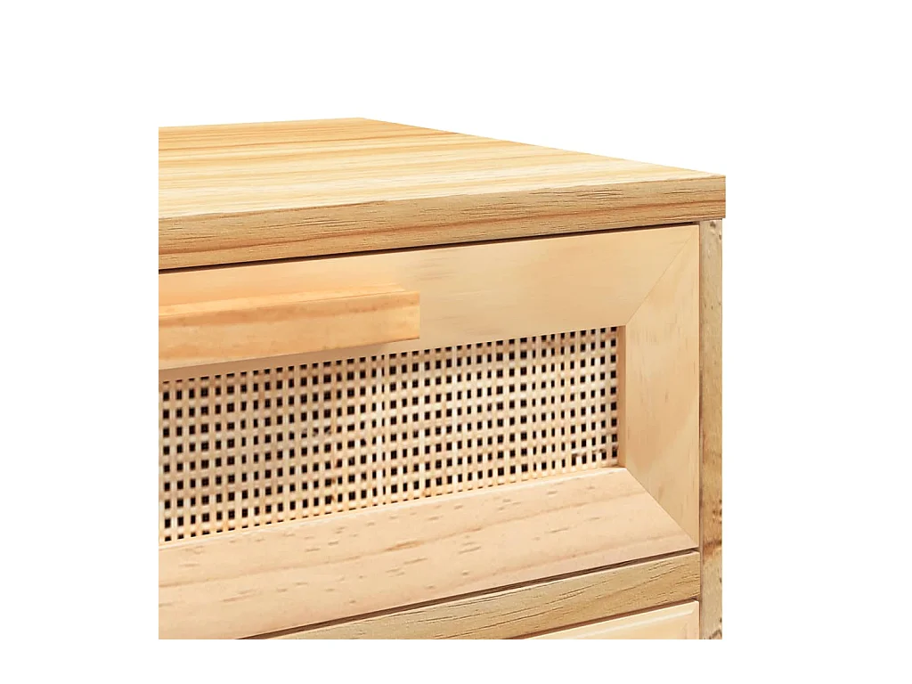 Comodino marrone in legno massello di pino e rattan naturale