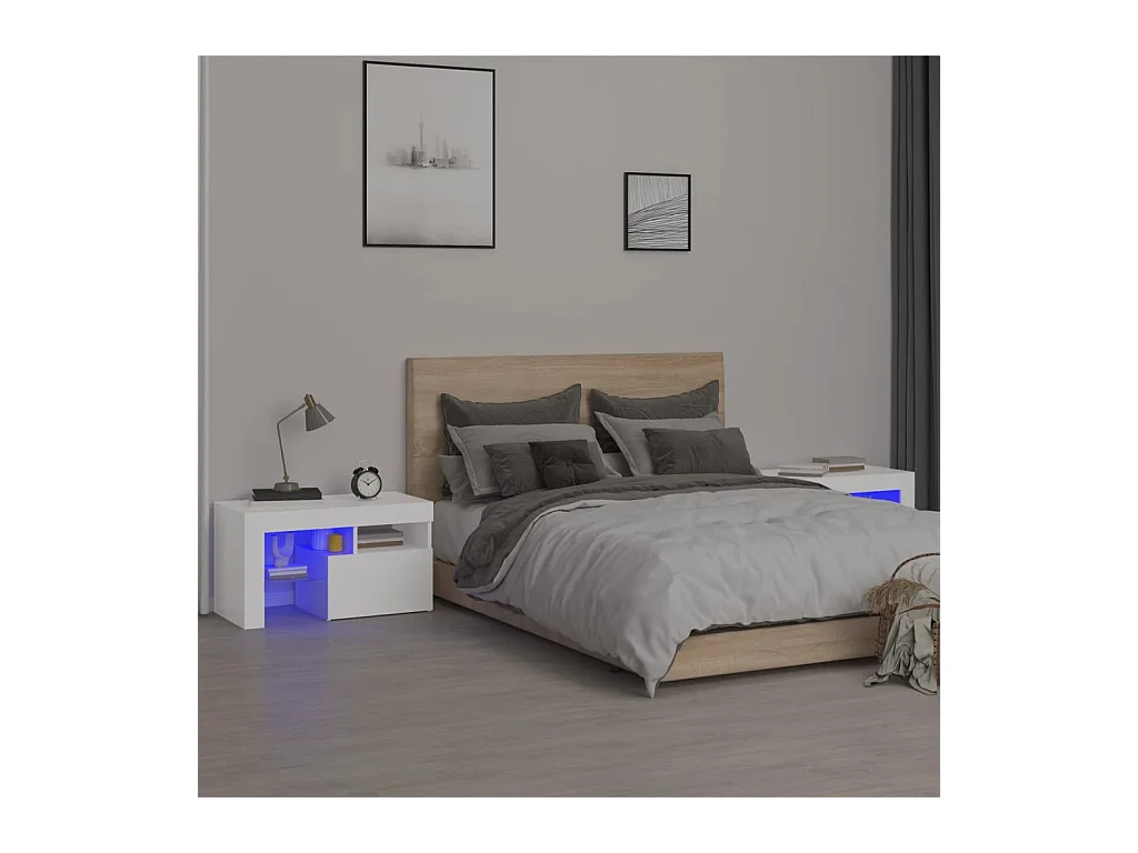 Tables de chevet 2 pcs et lumières LED Blanc 70x36,5x40 cm