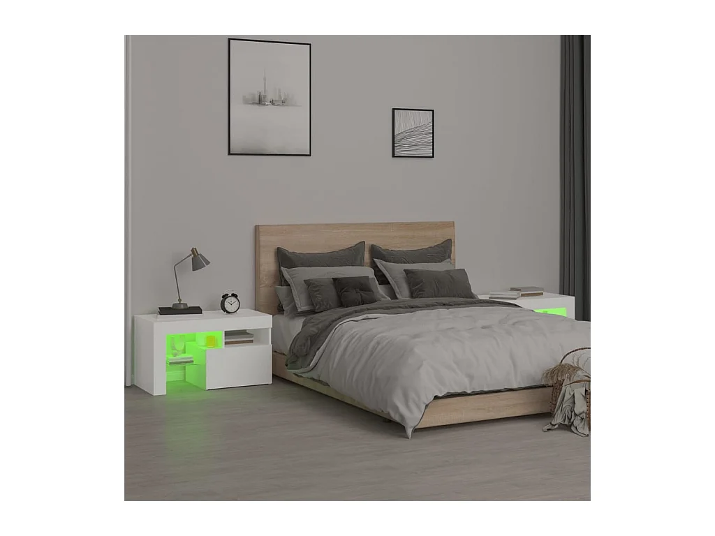 Tables de chevet 2 pcs et lumières LED Blanc 70x36,5x40 cm