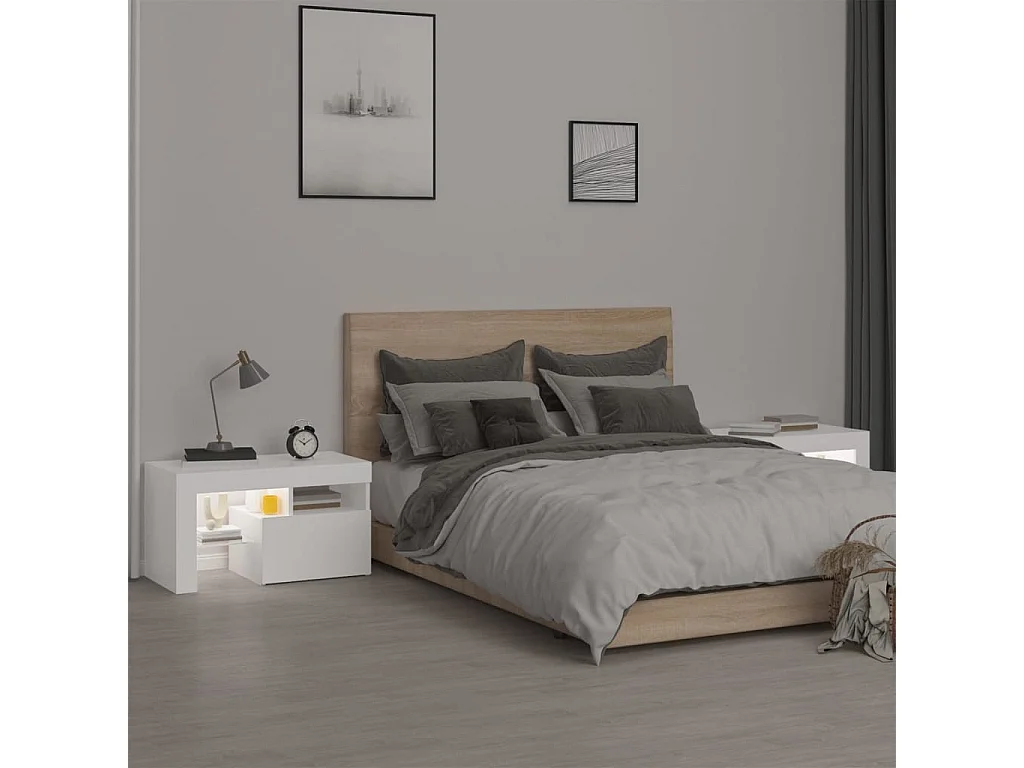 Comodini 2 pz e luci LED Bianco 70x36,5x40 cm