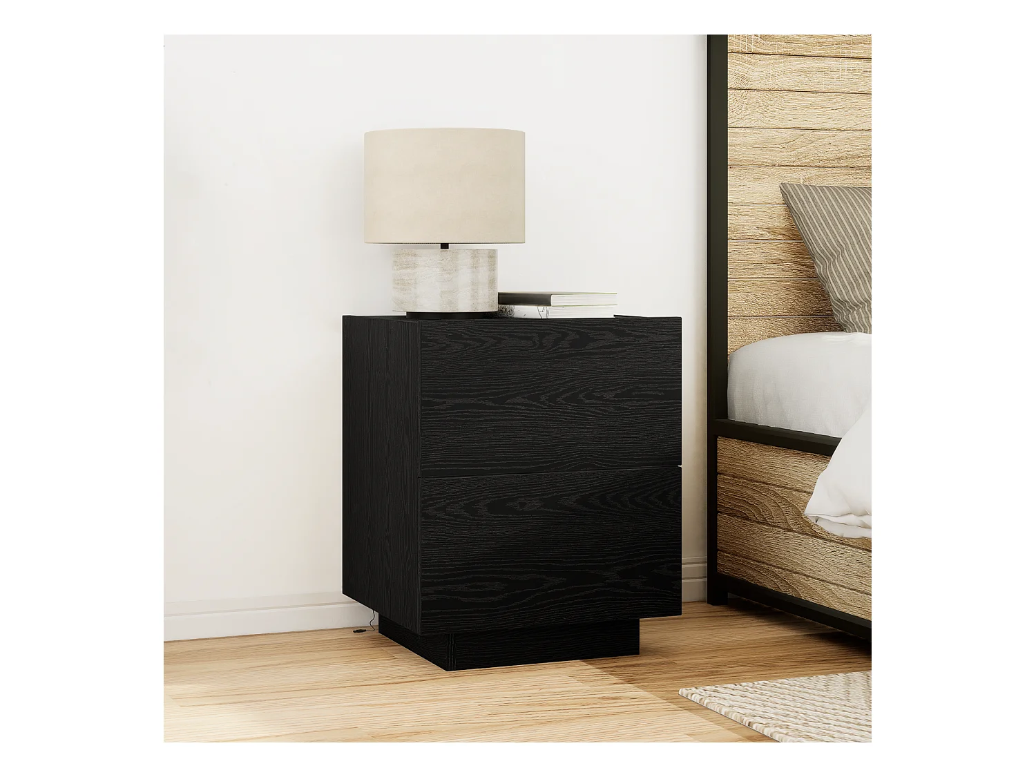 Comodino con luci LED Rovere nero 45x40x55 cm