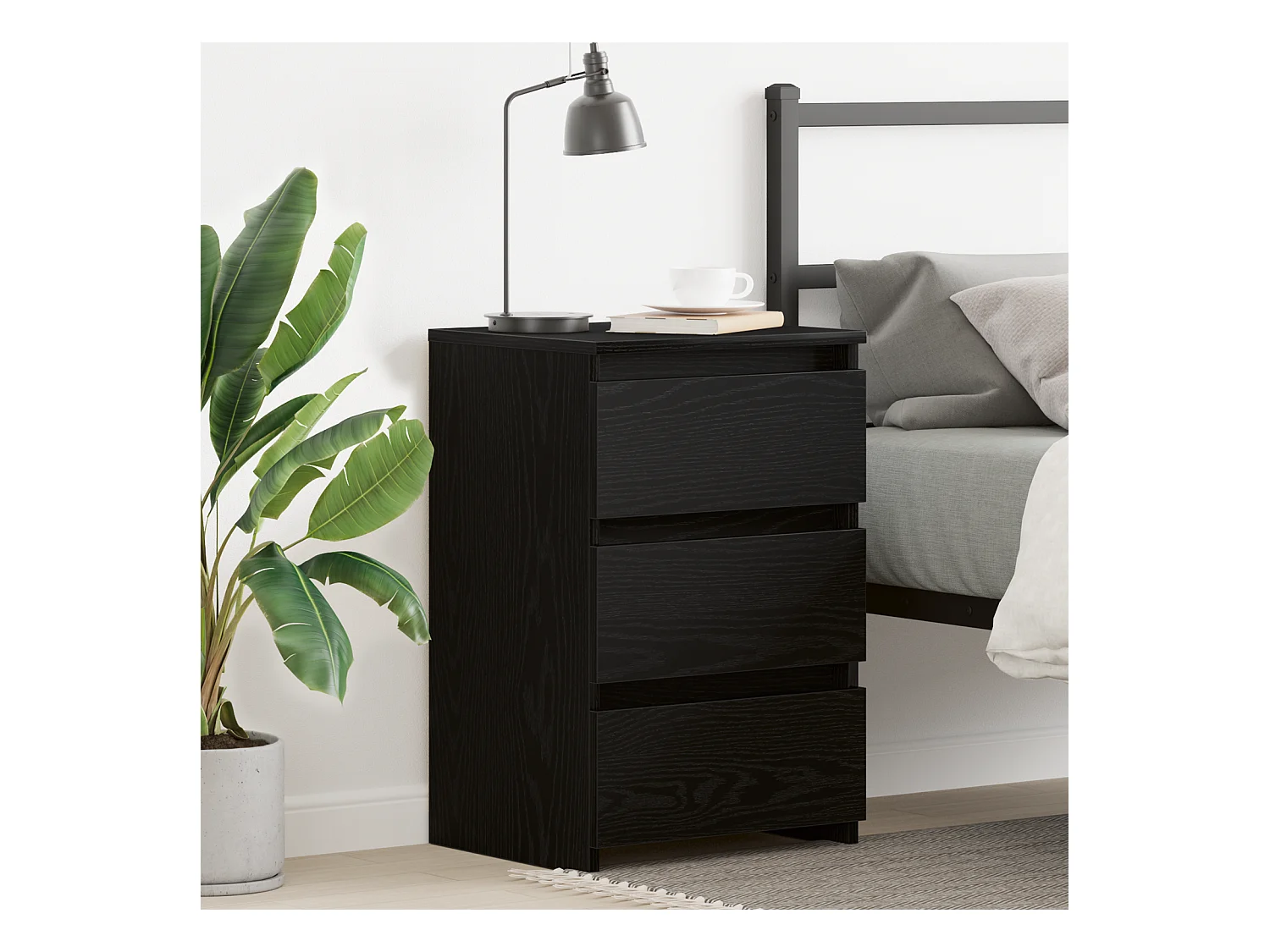 Comodino in rovere nero, 40x35x62,5 cm in legno ingegnerizzato