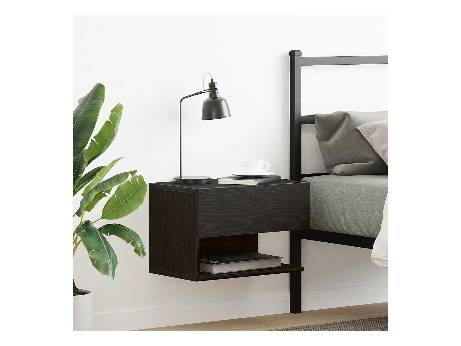 Zwarte wandnachtkastje van spaanplaat