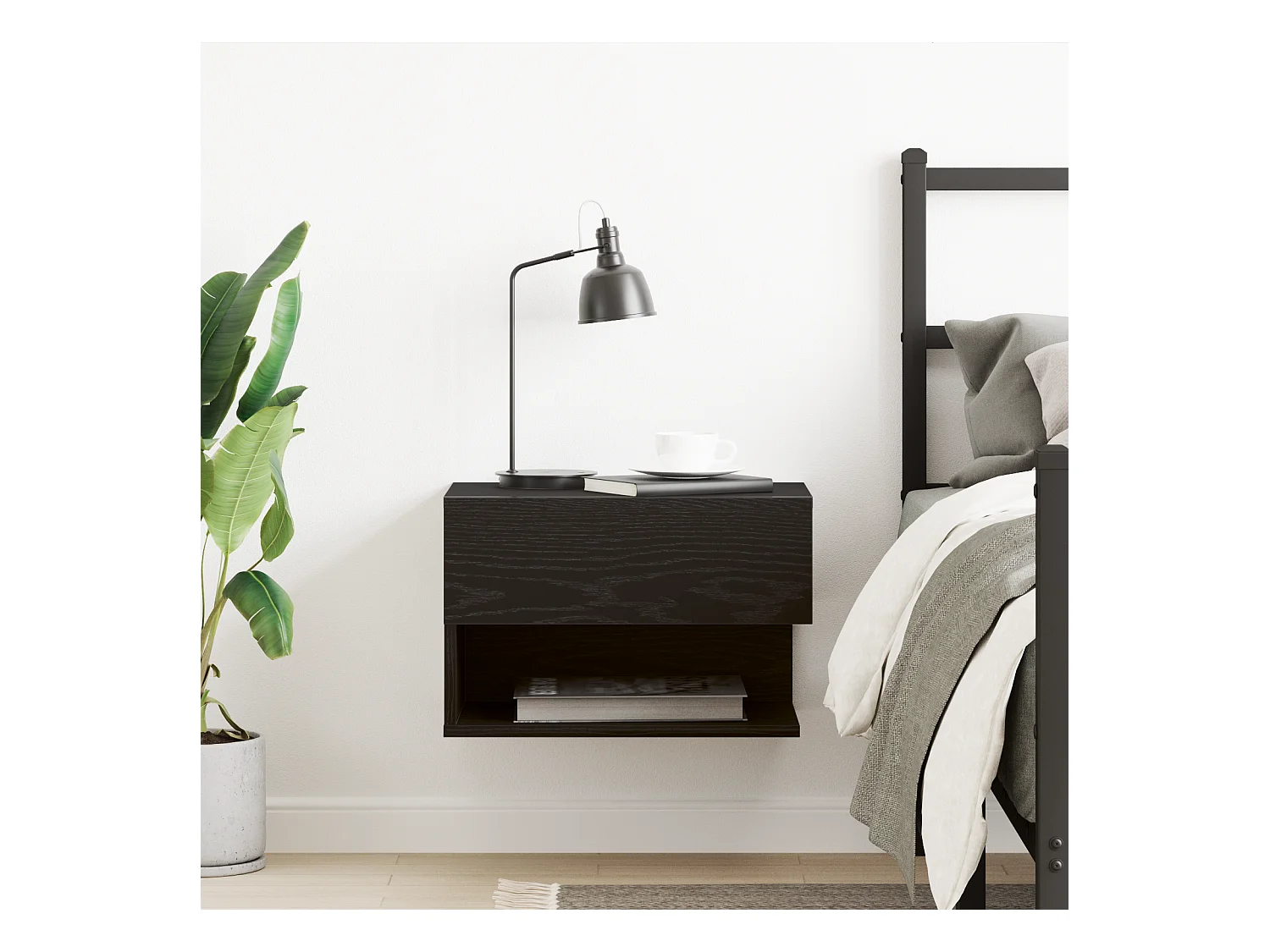 Zwarte wandnachtkastje van spaanplaat